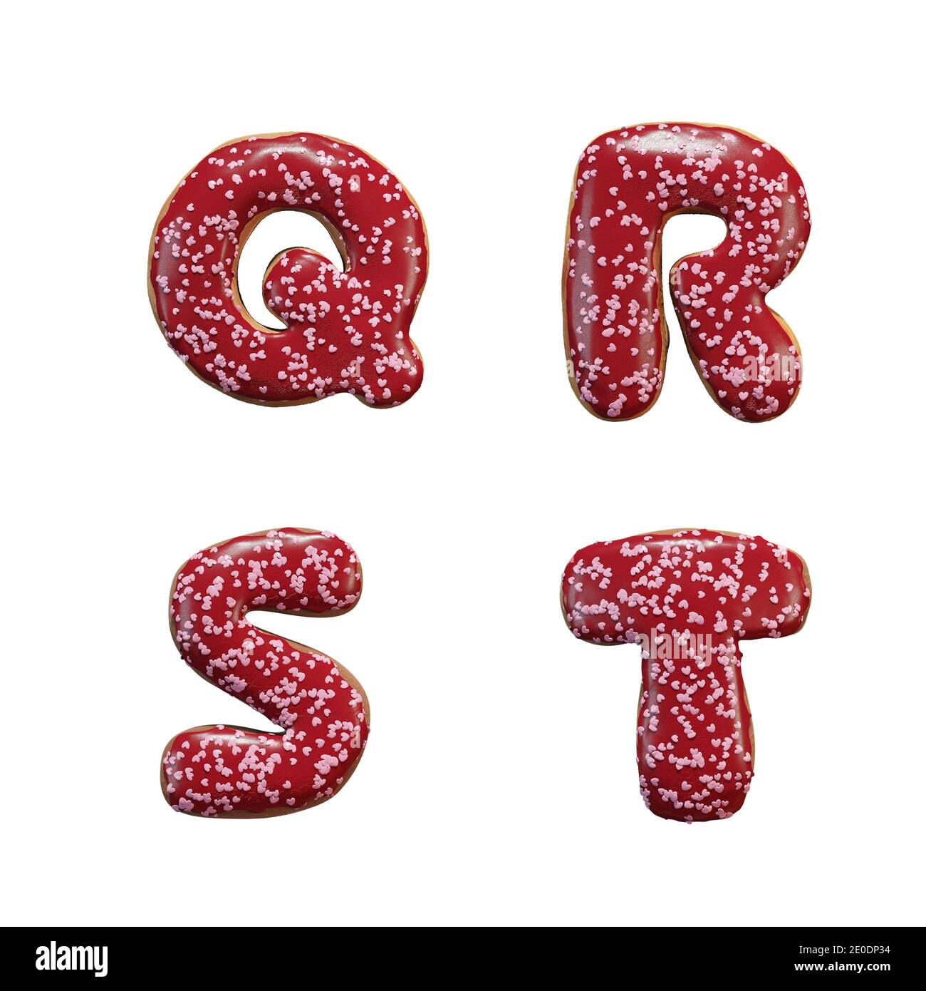 3D rendering of donut letters alphabet with red icing and pink heart sprinkles letters QT