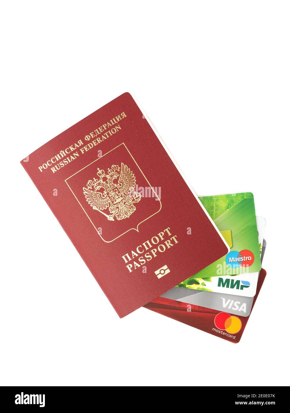 Moscow, Russia, December 31, 2020: Russian passport and credit cards of ...