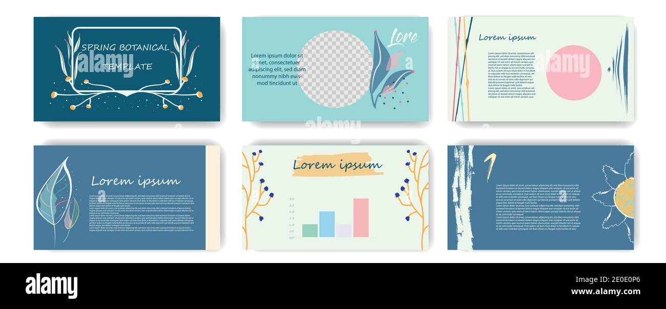Set of slideshow presentation templates. Botanical theme. Spring colors. Editable vector illustrations Stock Vector