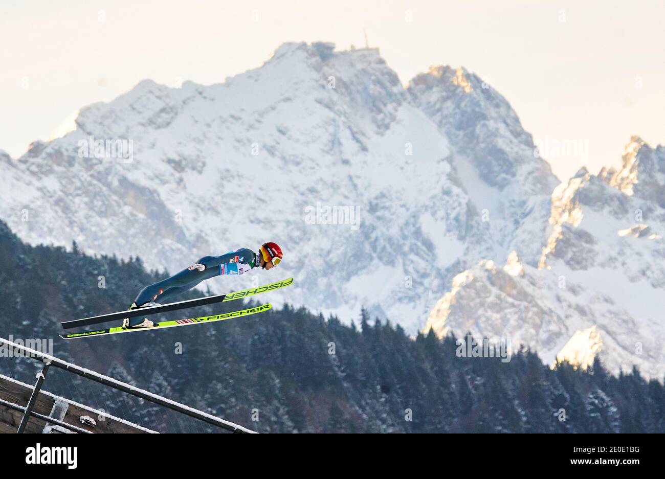 Philipp ASCHENWALD, AUT in action in front of Zugspitze mountain at the Four Hills Tournament Ski Jumping at Olympic Stadium, Grosse Olympiaschanze in Garmisch-Partenkirchen, Bavaria, Germany, December 31, 2020.  © Peter Schatz / Alamy Live News Stock Photo