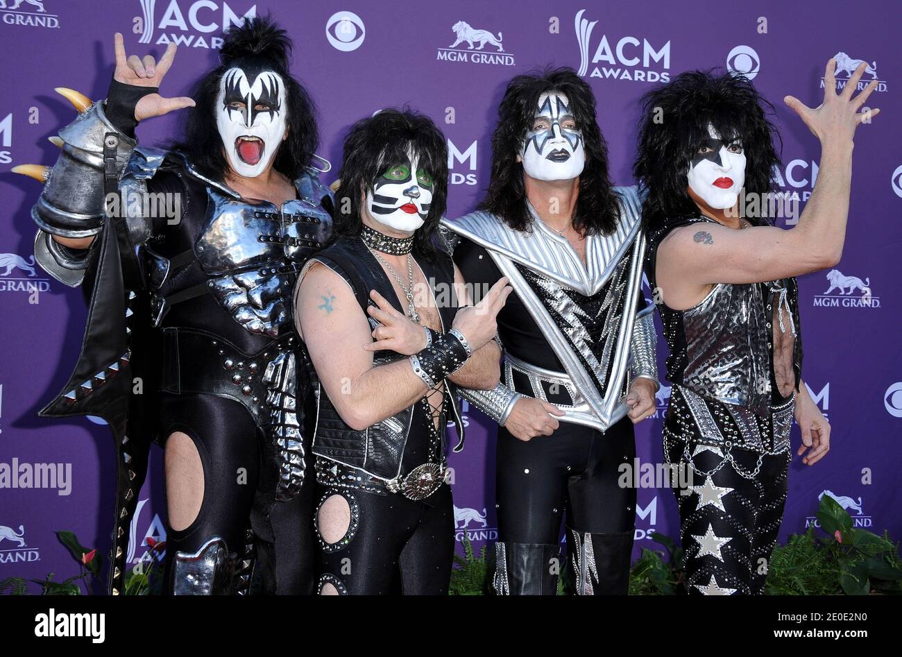 Gene Simmons, Eric Singer, Tommy Thayer and Paul Stanley of the rock band Kiss arrive at the 47th Annual Academy Of Country Music Awards held at the MGM Grand Garden Arena in Las Vegas, Nevada, USA on April 1, 2012. Photo by Lionel Hahn/ABACAPRESS.COM Stock Photo