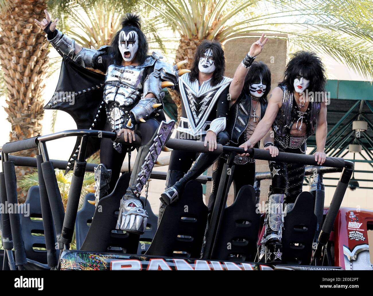 Gene Simmons, Eric Singer, Tommy Thayer and Paul Stanley of the rock band Kiss arrive at the 47th Annual Academy Of Country Music Awards held at the MGM Grand Garden Arena in Las Vegas, Nevada, USA on April 1, 2012. Photo by Lionel Hahn/ABACAPRESS.COM Stock Photo