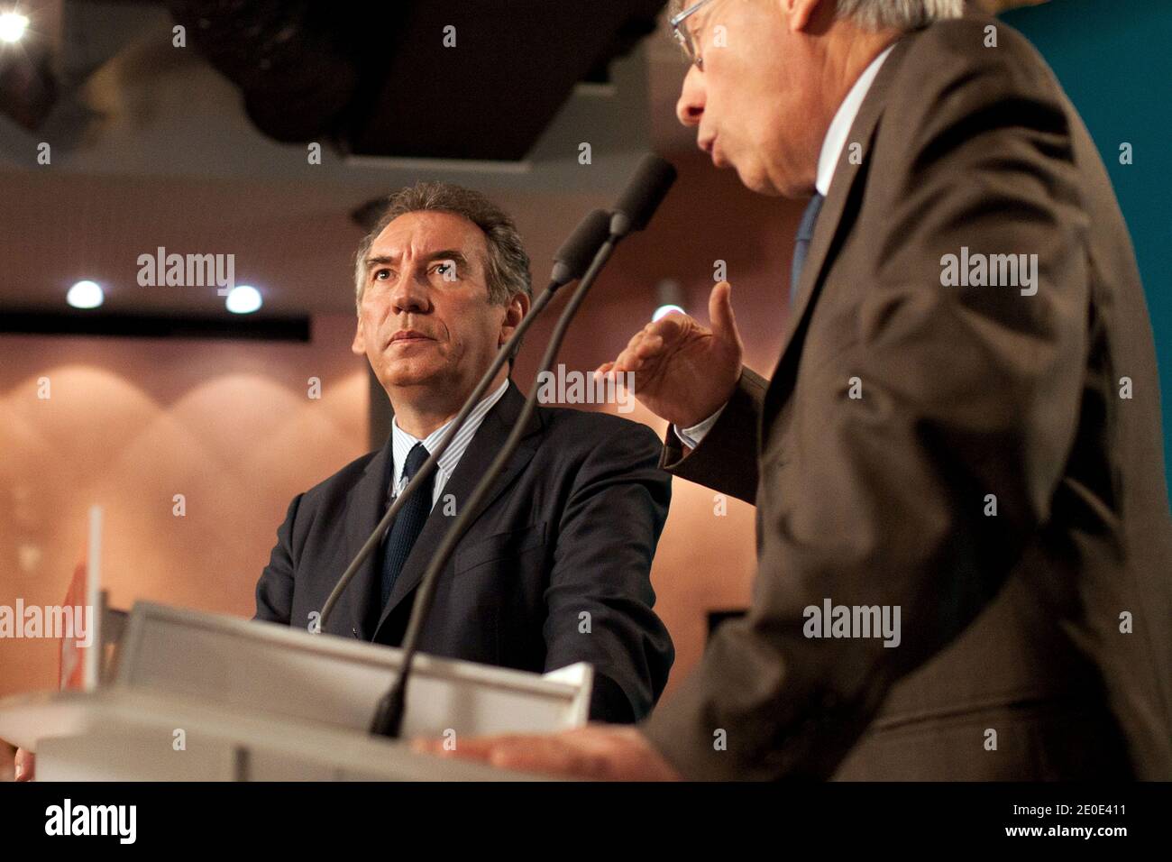President of the MoDem centrist party and candidate for the 2012 French presidential election Francois Bayrou listens to Pierre Albertini during a campaign press conference at his headquarters, in Paris, France, on April 03, 2012. Photo by Stephane Lemouton/ABACAPRESS.COM. Stock Photo
