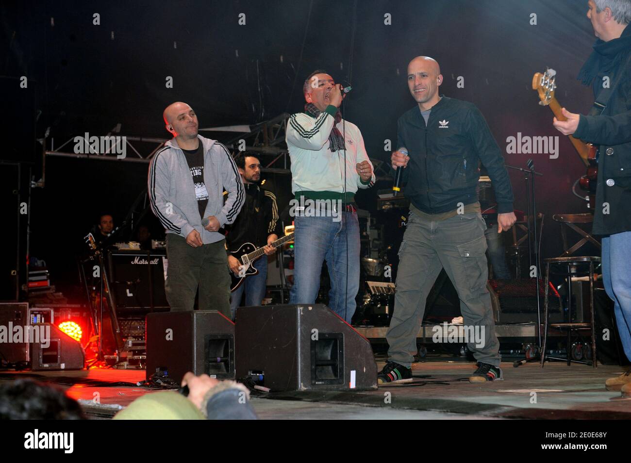 French group Zebda members (L-R : Hakim Amokrane, Majid Cherfi and Mouss Amokrane) seen on stage as they participate in a concert to support Florange Arcelor Mittal steel workers as they arrive in Paris, France on April 6, 2012, after a 350 kilometers walk, from their factory in Florange to the French capital. Photo by Ammar Abd Rabbo/ABACAPRESS.COM Stock Photo