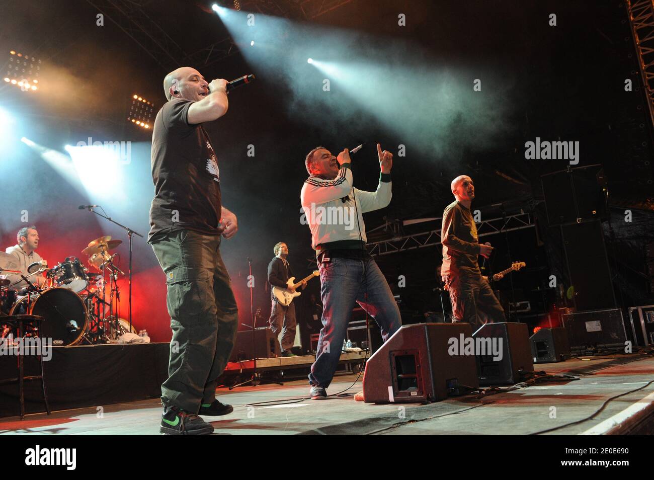 French group Zebda members (L-R : Hakim Amokrane, Majid Cherfi and Mouss Amokrane) seen on stage as they participate in a concert to support Florange Arcelor Mittal steel workers as they arrive in Paris, France on April 6, 2012, after a 350 kilometers walk, from their factory in Florange to the French capital. Photo by Ammar Abd Rabbo/ABACAPRESS.COM Stock Photo