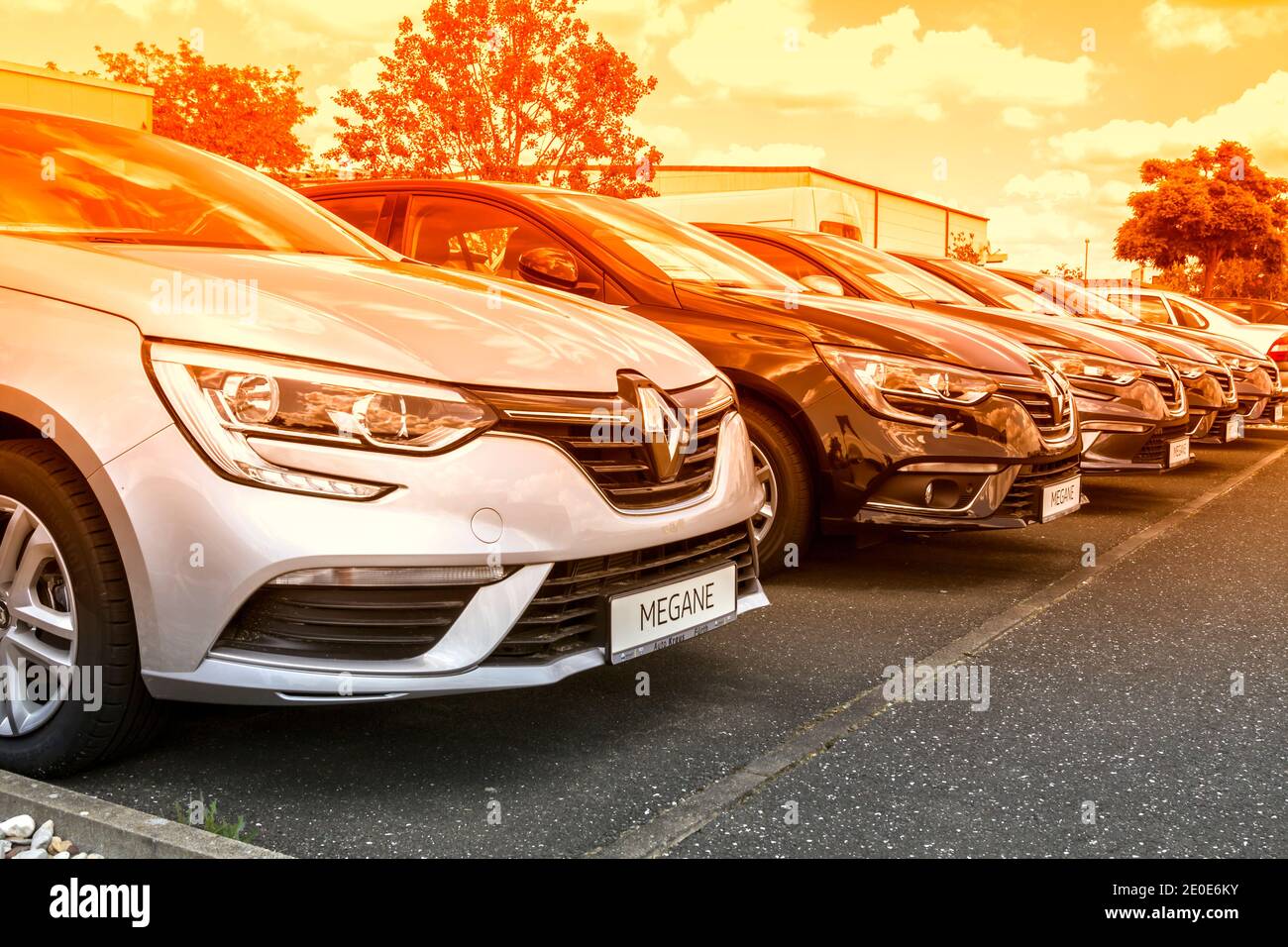 Furth, Germany : A row of modern Renault cars. Renault dealership center Stock Photo