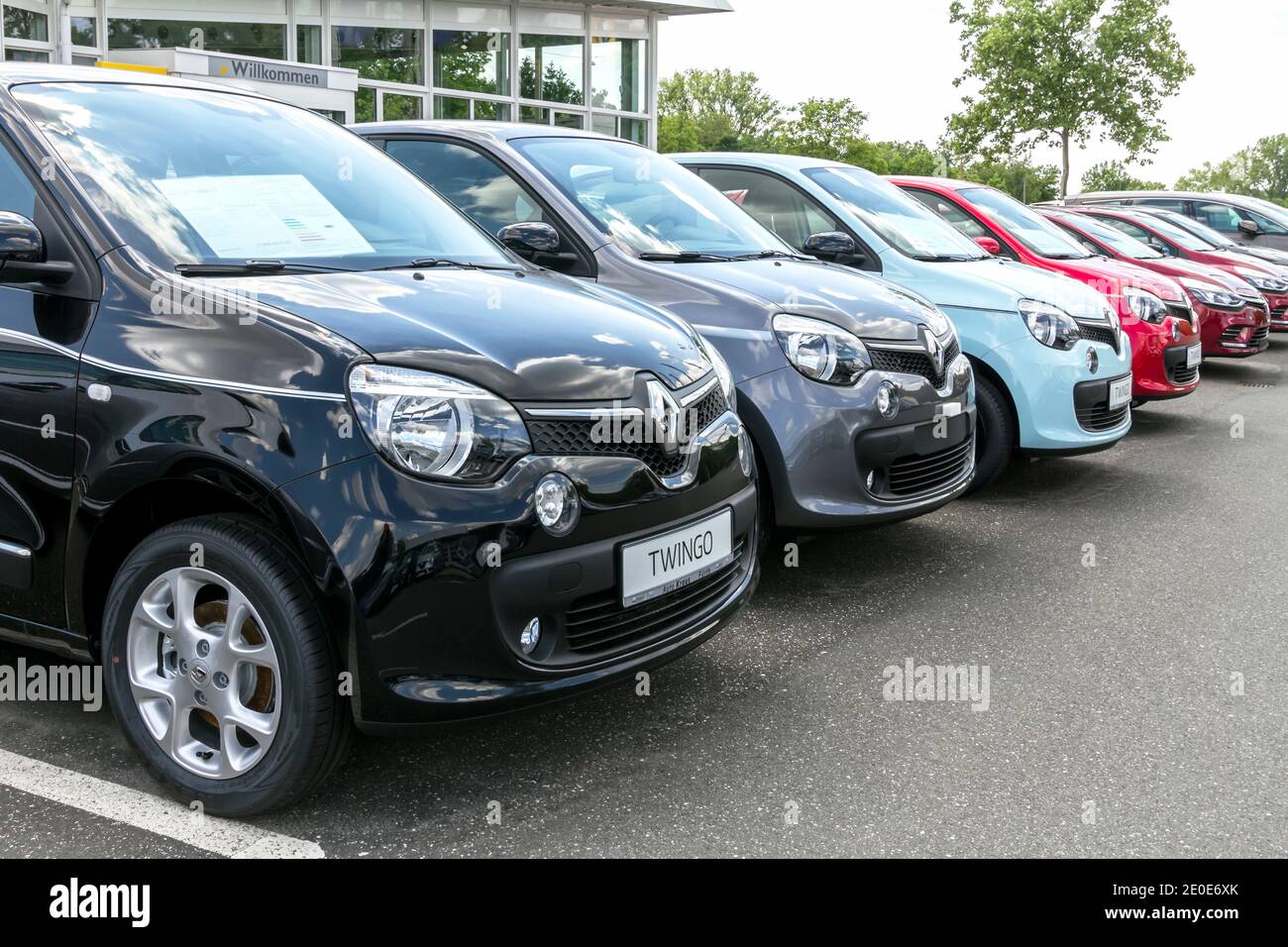 Furth, Germany : A row of modern Renault cars. Renault dealership center Stock Photo