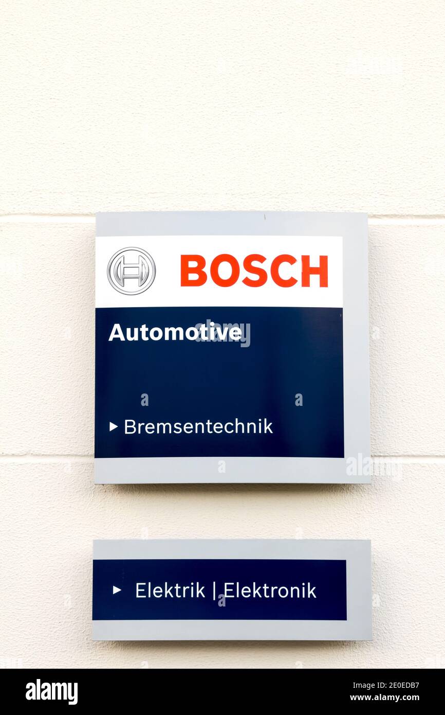Schwabach, Germany Bosch company logo on the wall. Bosch is a German