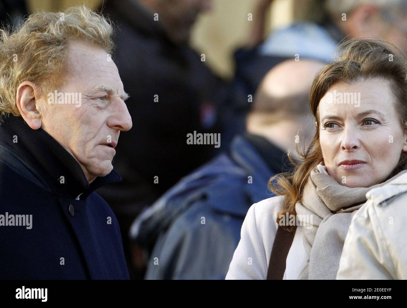 Robert Namias and Francois Hollande's partner Valerie Trierweiler attend France's Socialist Party (PS) candidate for the 2012 French presidential election Francois Hollande's campaign meeting in Cenon, near Bordeaux, southwestern France, on April 19, 2012. Photo by Patrick Bernard/ABACAPRESS.COM Stock Photo