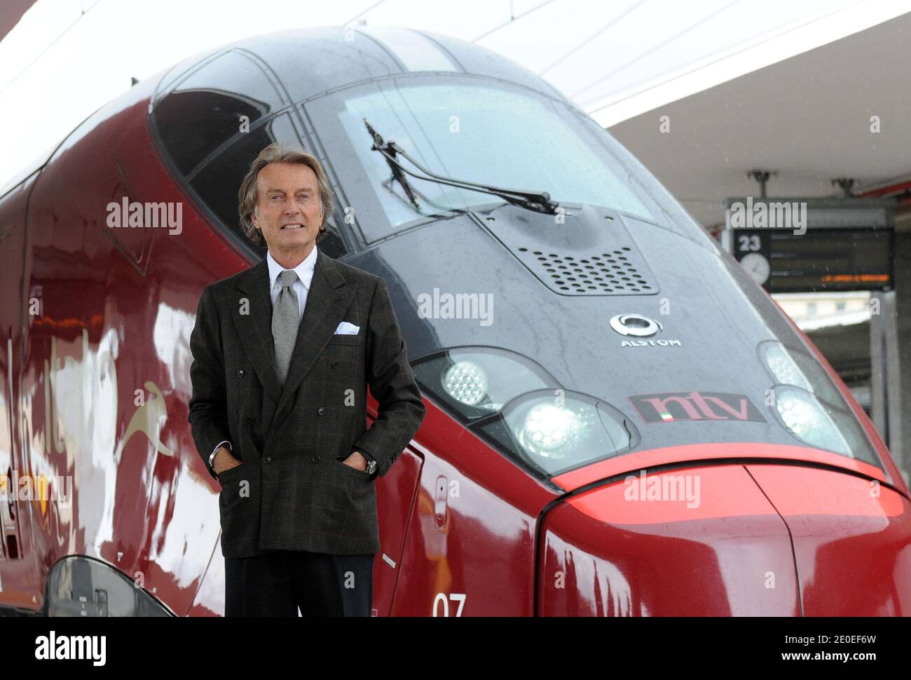 President Luca Cordero di Montezemolo, in front of the high speed train Italo, in Naples railway station, on the occasion of the inaugural trip to Naples, Italy, April 20, 2012. Named 'Italo' , Italy's first private high-speed train is the Europe's most modern train. Launched by Ferrari head Luca di Montezemolo's company NTV it made its inaugural journey from Rome to Naples. 'Italo' travels at a top speed of 360 km per hours. NTV, is a euro900 million project that will link Rome, Milan, Turin, Venice, Florence, Bologna, Naples, Bari and Salerno. It has three different coach classes. Photo by A Stock Photo