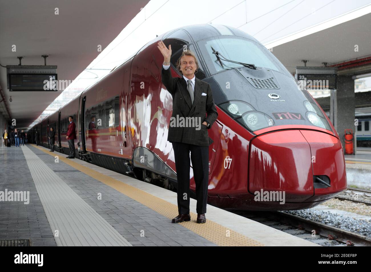 President Luca Cordero di Montezemolo, in front of the high speed train Italo, in Naples railway station, on the occasion of the inaugural trip to Naples, Italy, April 20, 2012. Named 'Italo' , Italy's first private high-speed train is the Europe's most modern train. Launched by Ferrari head Luca di Montezemolo's company NTV it made its inaugural journey from Rome to Naples. 'Italo' travels at a top speed of 360 km per hours. NTV, is a euro900 million project that will link Rome, Milan, Turin, Venice, Florence, Bologna, Naples, Bari and Salerno. It has three different coach classes. Photo by A Stock Photo