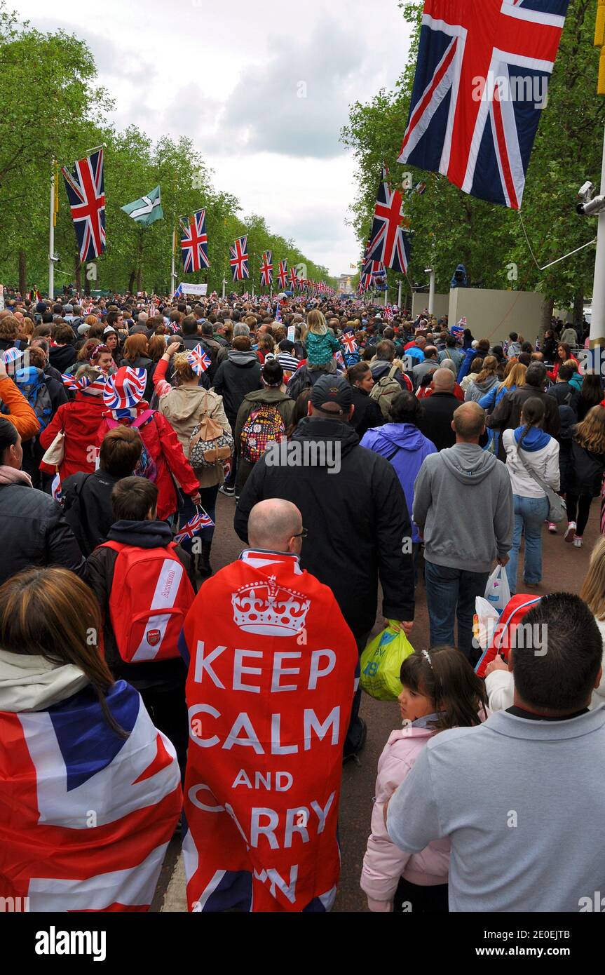 Crowds of people in The Mall heading to Queen's Diamond Jubilee event, June 2012 outside Buckingham Palace, London, UK. Packed, public Stock Photo