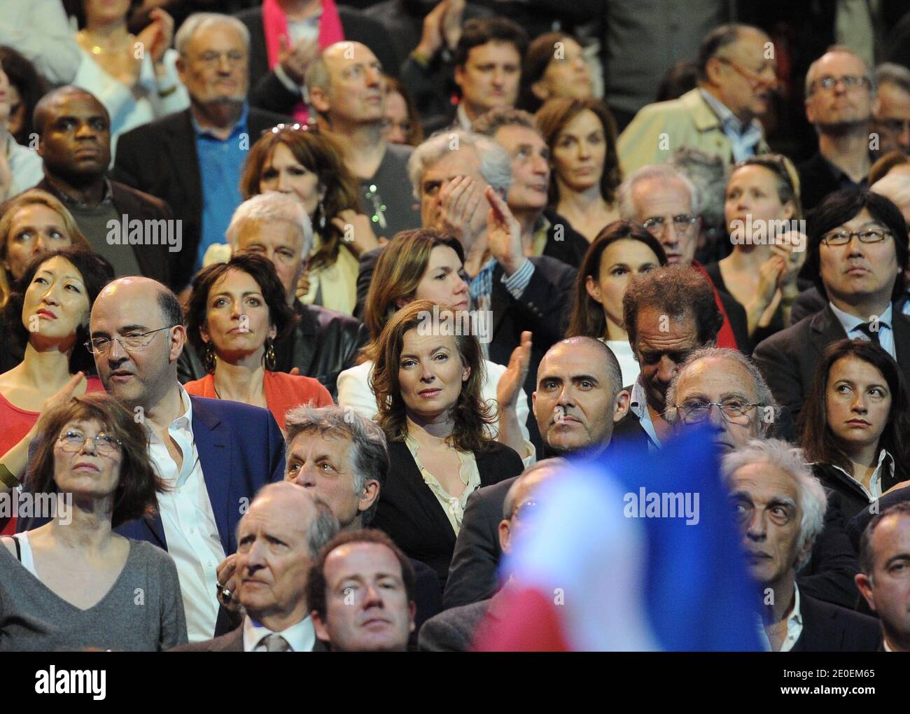 Gerard Darmon, Jane Birkin, Safia Otokore, Pierre Moscovici, Valerie Trierweiler, Vincent Lindon, Cecile Duflot behind Fleur Pellerin, Marisol Touraine, Aurelie Filippettit and Jean-Vincent Place are pictured during France's opposition Socialist Party (PS) candidate for the 2012 French Presidential election Francois Hollande's campaign meeting at the Palais Omnisports Paris-Bercy (POPB) in Paris, France on April 29, 2012. Photo by Mousse/ABACAPRESS.COM Stock Photo