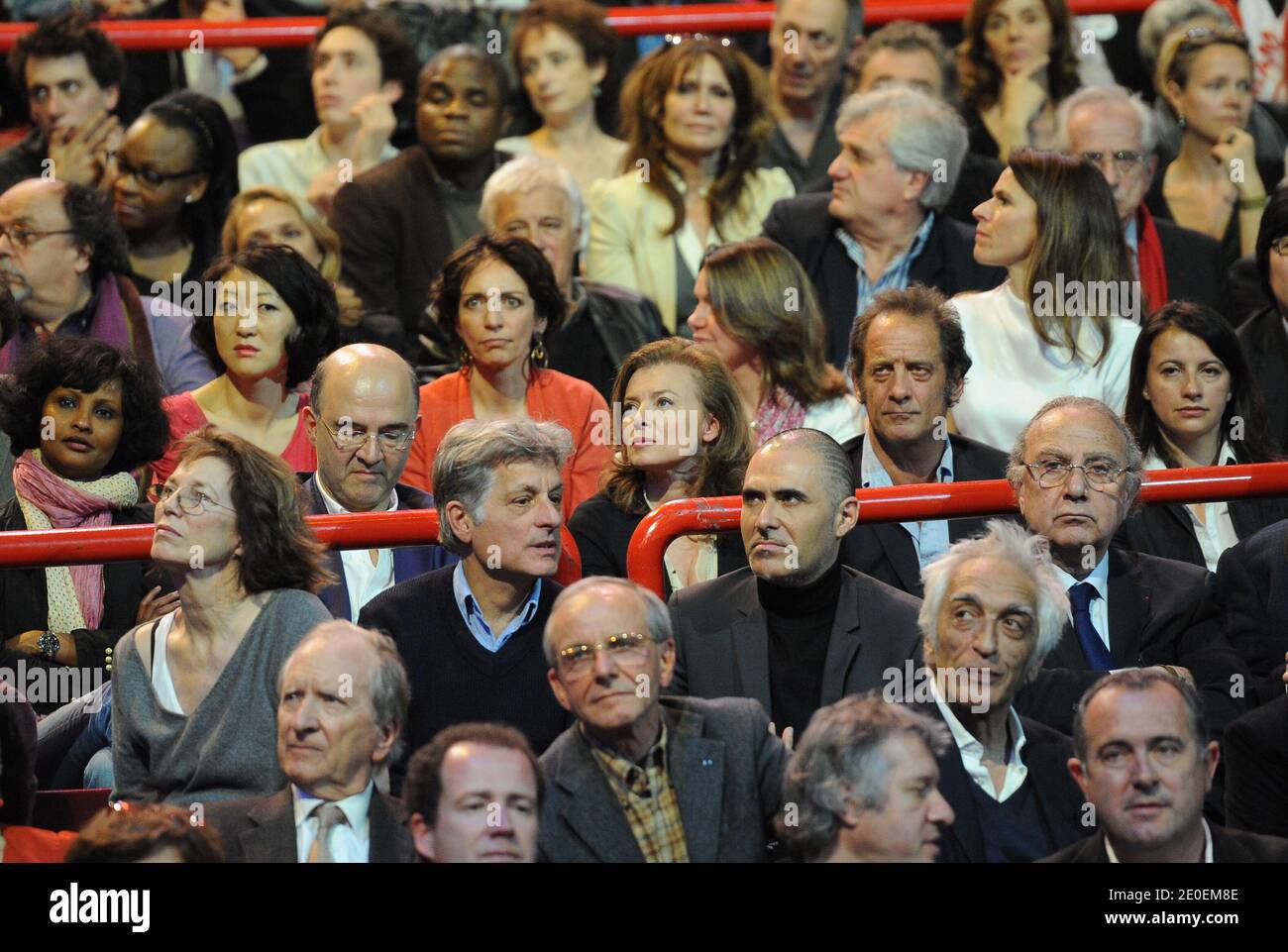 Gerard Darmon, Jane Birkin, Safia Otokore, Pierre Moscovici, Valerie Trierweiler, Vincent Lindon, behind Vincent Feltesse, Fleur Pellerin, Marisol Touraine are pictured during France's opposition Socialist Party (PS) candidate for the 2012 French Presidential election Francois Hollande's campaign meeting at the Palais Omnisports Paris-Bercy (POPB) in Paris, France on April 29, 2012. Photo by Mousse/ABACAPRESS.COM Stock Photo