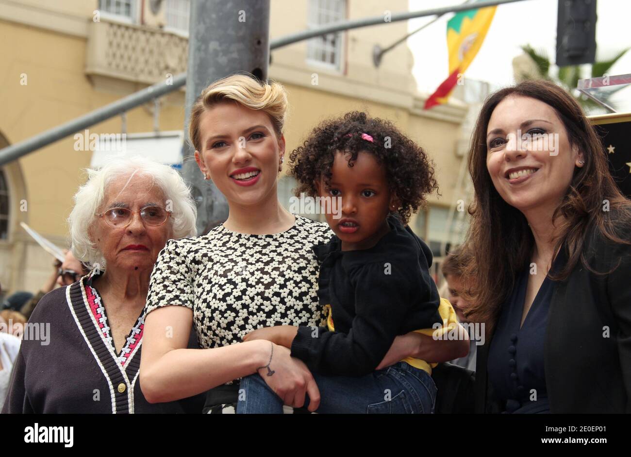 Actress Scarlett Johansson of 'Marvel's The Avengers' (C) poses with her grandmother Dorothy Sloan (L) her mother Melanie Sloan (R) and sister Fenan Sloan during an unveiling ceremony honoring her with the 2,470th star on the Hollywood Walk of Fame in Los Angeles, CA, USA on May 2, 2012. Photo by Baxter/ABACAPRESS.COM Stock Photo