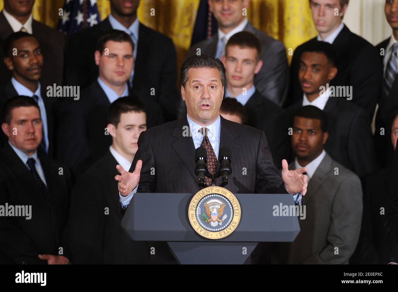Coach John Calipari speaks during a celebration of the University of Kentucky men's basketball team for their 2012 NCAA championship in the East Room of the White House in Washington, DC, on May 4, 2012. Photo by Olivier Douliery/ABACAPRESS.COM Stock Photo