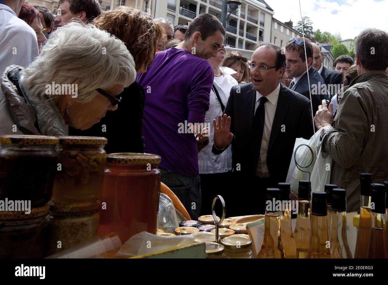 French Socialist Party (PS) President of the Correze Council General Assembly Francois Hollande visits a market in Tulle, France, on may 05, 2012. Photo by Stephane Lemouton/ABACAPRESS.COM. Stock Photo