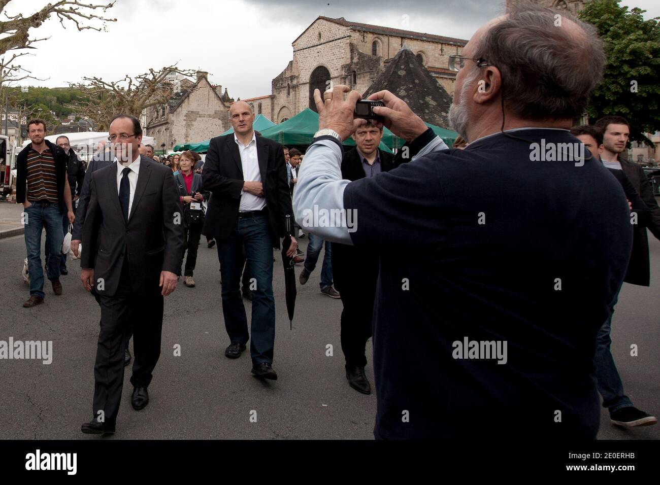 French Socialist Party (PS) President of the Correze Council General Assembly Francois Hollande visits a market in Tulle, France, on may 05, 2012. Photo by Stephane Lemouton/ABACAPRESS.COM. Stock Photo