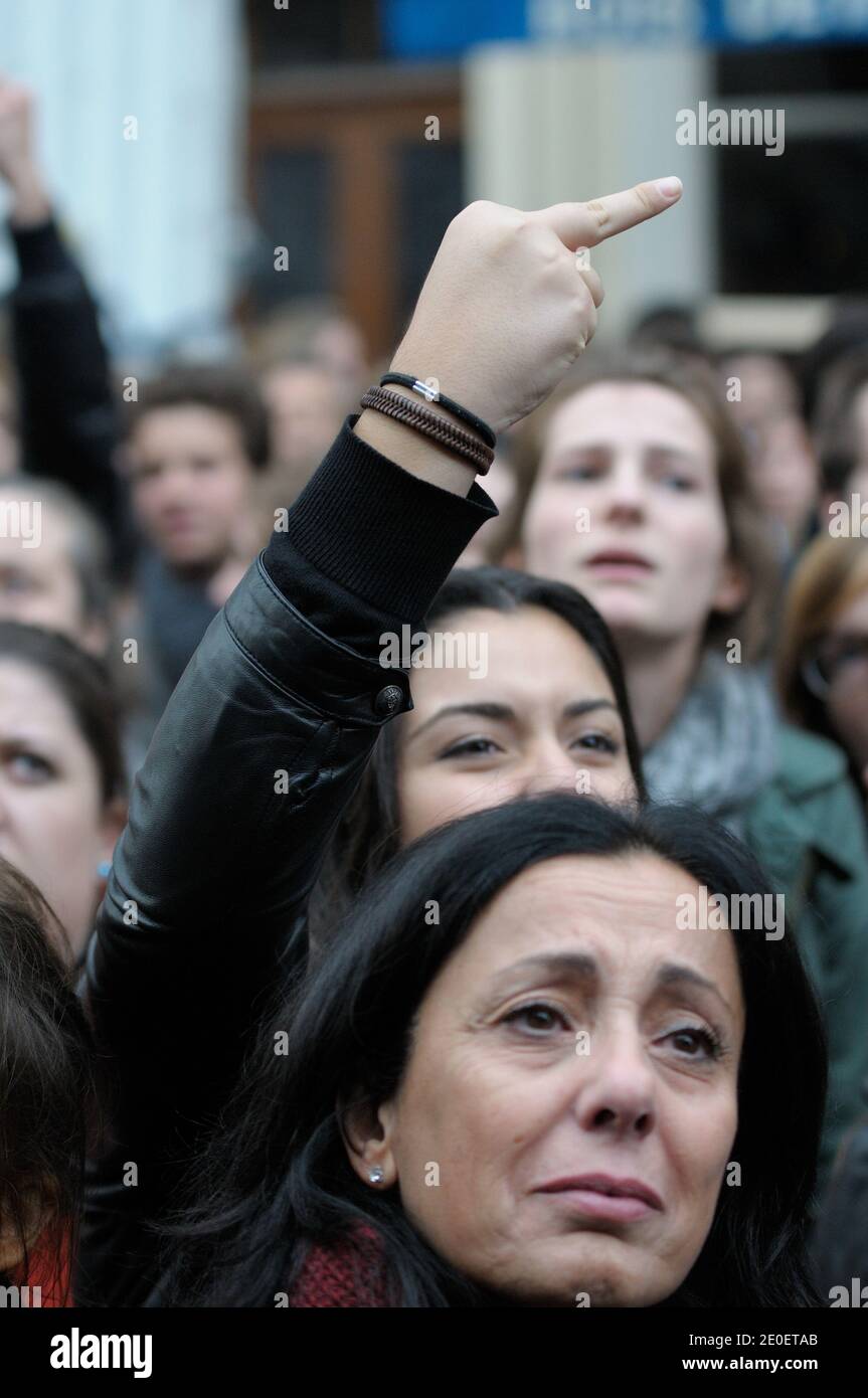 Nicolas Sarkozy's supporters cry and shout in front of 'La Mutualite' hall in Paris, France on May 6, 2012, just few seconds after the announcement of Francois Hollande's victory as the next President of French Republic. Photo by Alban Wyters/ABACAPRESS.COM Stock Photo