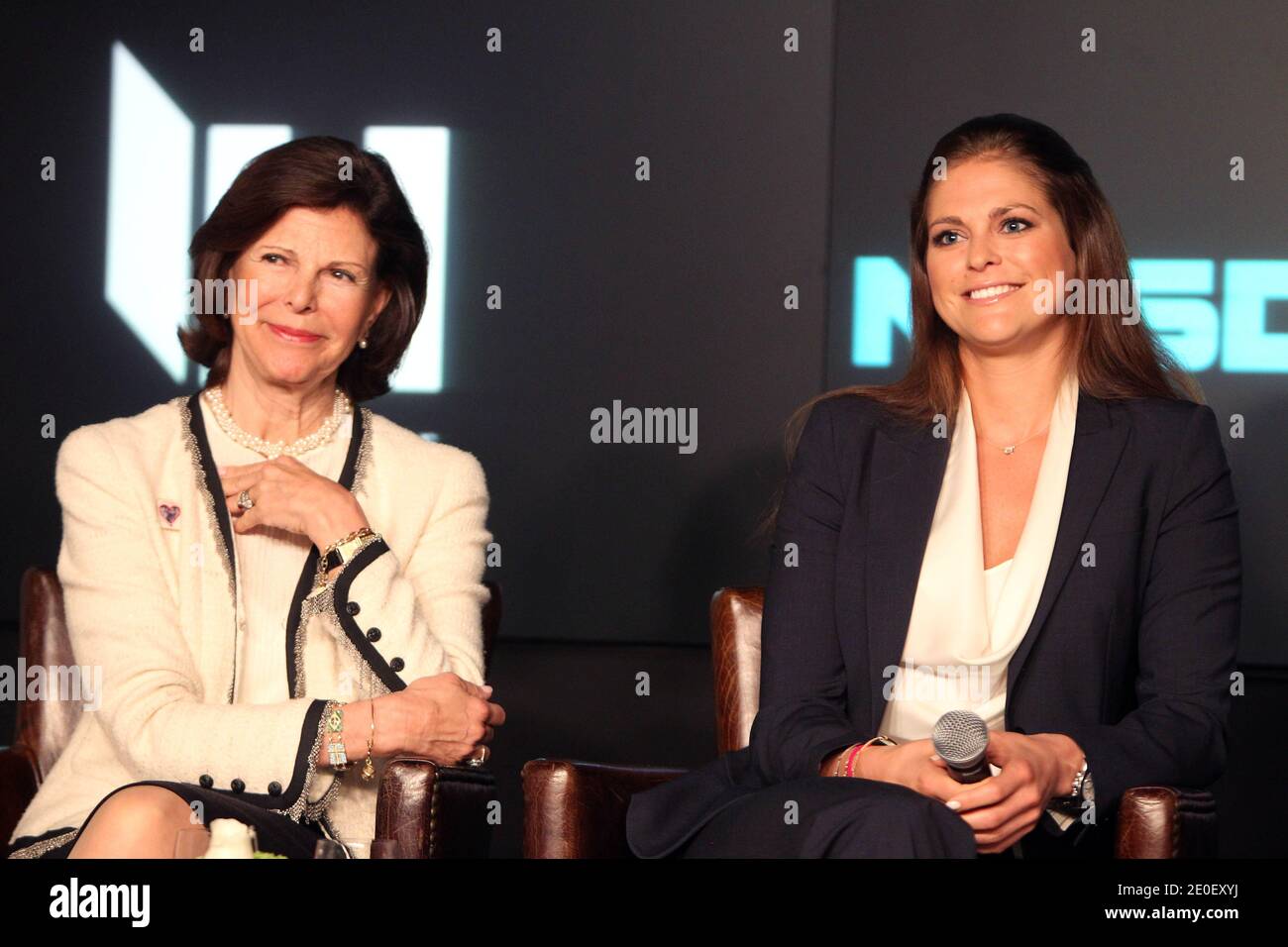 Queen Silvia of Sweden with her daughter Princess Madeleine and actress Geena Davis attending a press conference about the World Childhood Foundation at the Nasdaq building in New York City, NY, USA on May 9, 2012. Photo by Charles Guerin/ABACAPRESS.COM Stock Photo