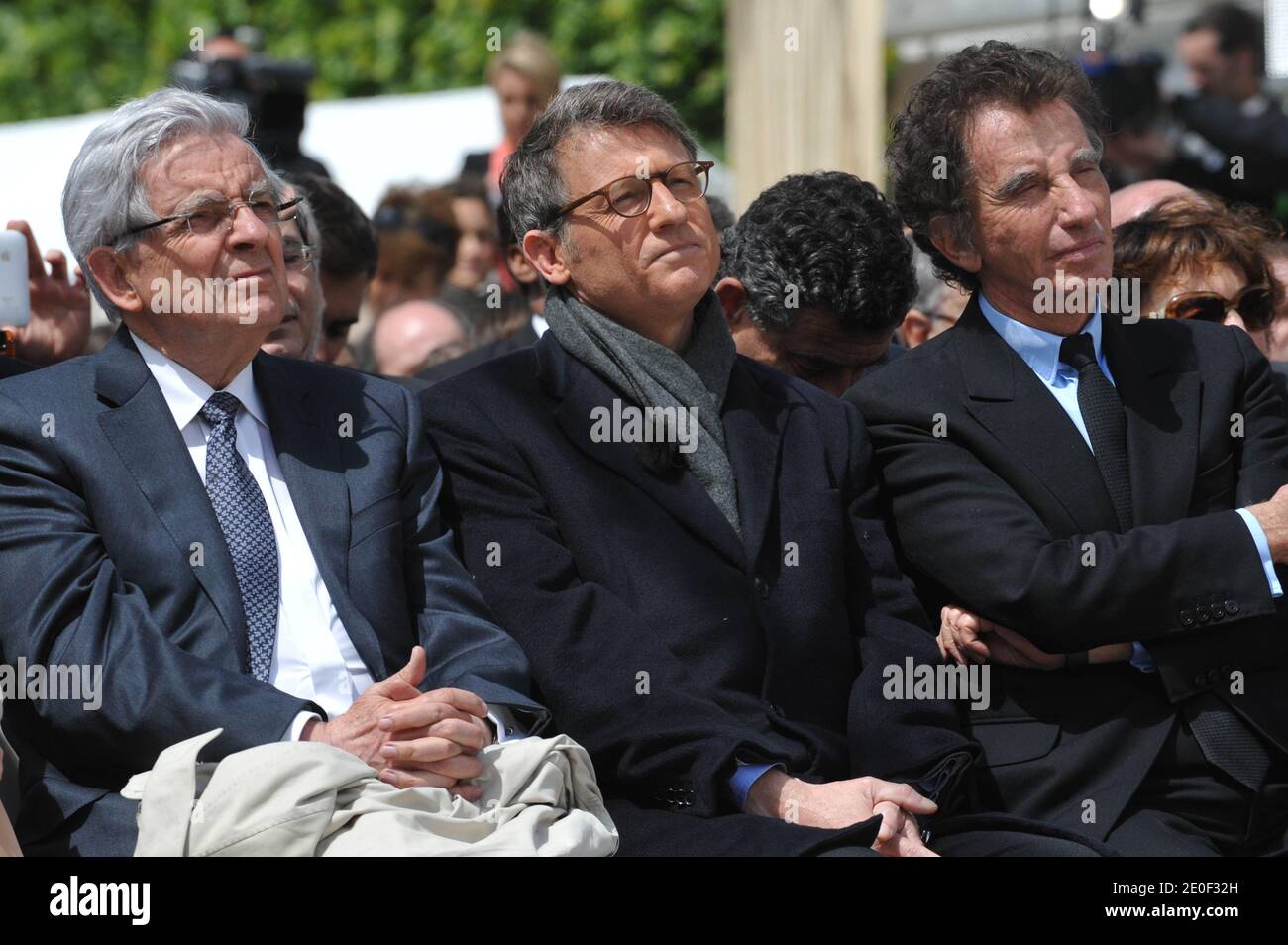 Jean-Pierre Chevenement, Vincent Peillon, Jack Lang pictured a ceremony at  statue of Jules Ferry at