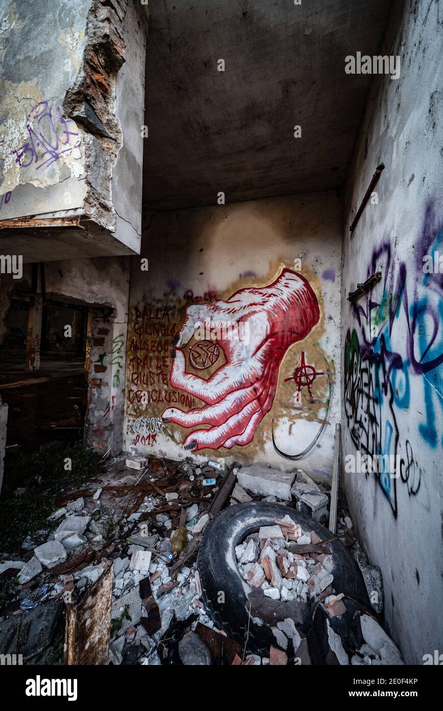 Urbex photography in a former abandoned cotton mill in Italy Stock Photo