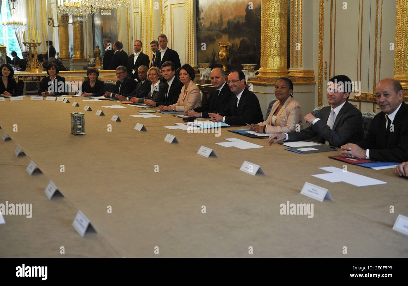 French President Francois Hollande is pictured with ministers Fleur Pellerin, Marie-Arlette Carlotti, Alain Vidalies, Victorin Lurel, Nicole Bricq, Arnaud Montebourg, Marisol Touraine, Laurent Fabius, Christiane Taubira, Manuel Valls, Jean-Yves Le Drian at the Elysee presidential palace in Paris, France on May 17, 2012 at the beginning of the first weekly cabinet council of French president Francois Holande's government. Photo by Christophe Guibbaud/ABACAPRESS.COM Stock Photo