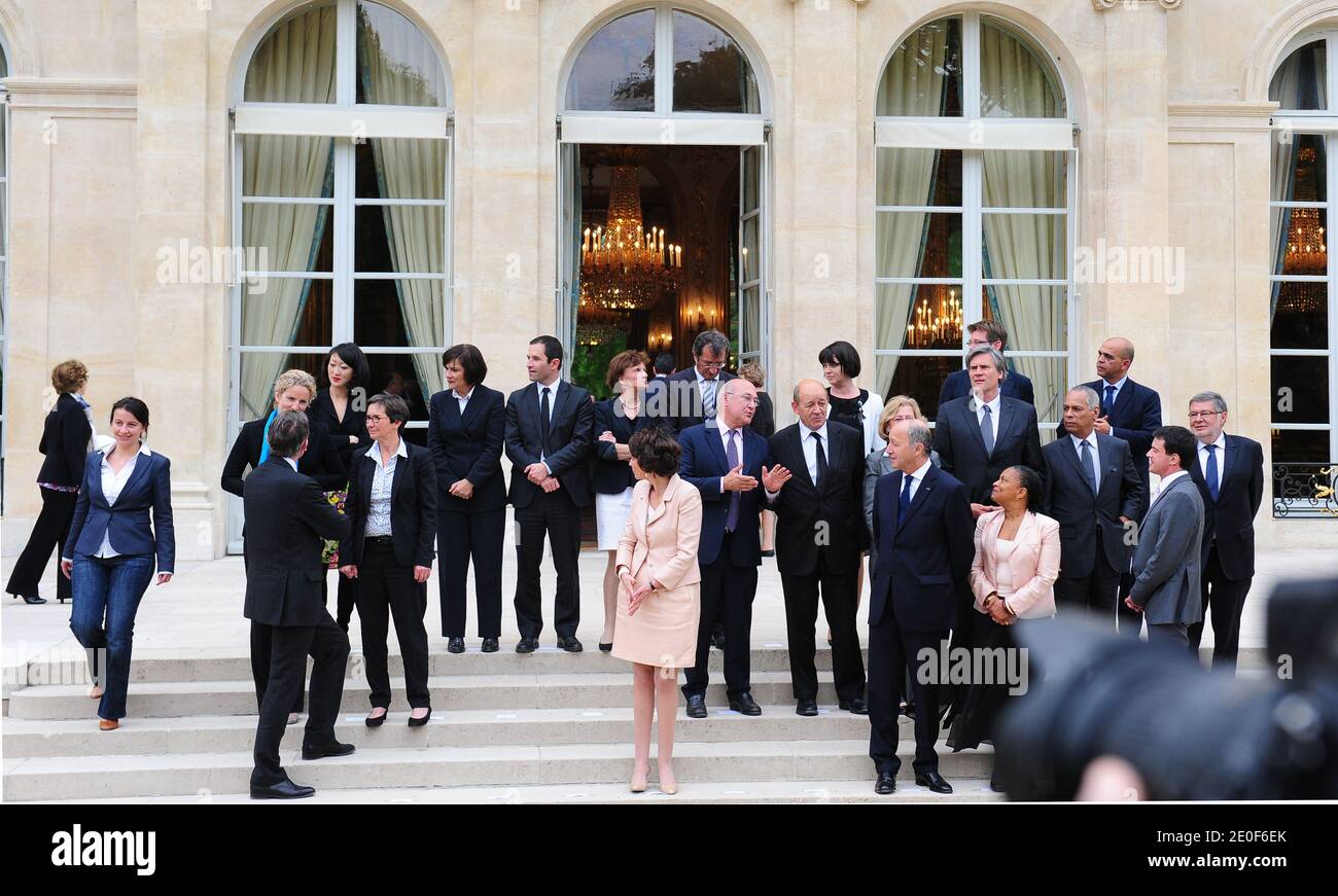 Group photograph of the new French Government taken at the Elysee Palace in Paris, France, on May 17, 2012. From top - JM for Junior Minister and M for Minister (1st row, LtoR) JM for SMEs, Innovations and Digital Economy, Fleur Pellerin; JM for French Living Abroad and Francophony, Yamina Benguigui; JM for Disabled People, Marie-Arlette Carlotti; JM for Social and Solidarity Economy, Benoit Hamon; JM for the Elderly and Disabled, Michele Delaunay; JM for Cities Francois Lamy; JM for European Affairs Bernard Cazeneuve; JM for Handicraft, Tourism and Trade, Sylvia Pinel; JM for Family Dominique Stock Photo