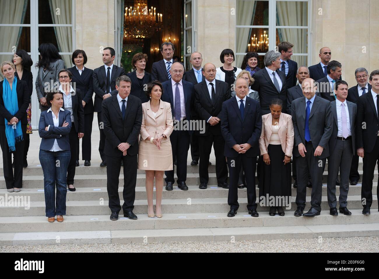 Group photograph of the new French Government taken at the Elysee Palace in Paris, France, on May 17, 2012. From top - JM for Junior Minister and M for Minister (1st row, LtoR) JM for SMEs, Innovations and Digital Economy, Fleur Pellerin; JM for French Living Abroad and Francophony, Yamina Benguigui; JM for Disabled People, Marie-Arlette Carlotti; JM for Social and Solidarity Economy, Benoit Hamon; JM for the Elderly and Disabled, Michele Delaunay; JM for Cities Francois Lamy; JM for European Affairs Bernard Cazeneuve; JM for Handicraft, Tourism and Trade, Sylvia Pinel; JM for Family Dominique Stock Photo