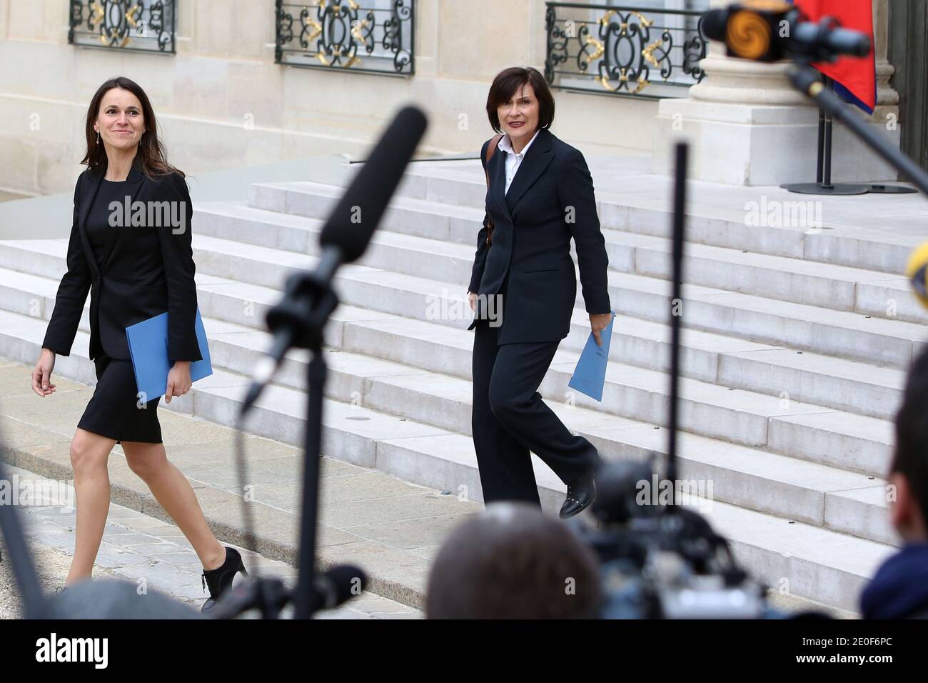 French Minister for Culture and Communication Aurelie Filippetti and French Junior Minister for Disabled People, Marie-Arlette Carlotti leave the Elysee presidential palace in Paris, France on May 17, 2012 after the first weekly cabinet council of French president Francois Hollande's government. Photo by Stephane Lemouton/ABACAPRESS.COM. Stock Photo