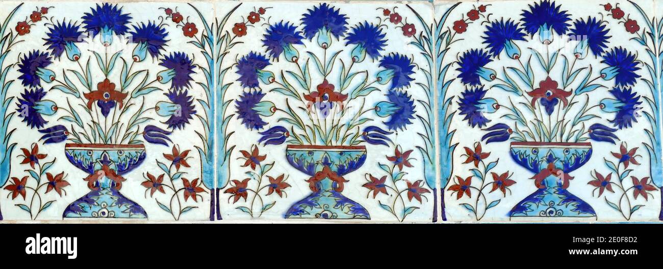 Iznik lapis  tiles with flower pattern on a wall  in the Harem  in Topkapi Palace,  in Istanbul, Turkey Stock Photo