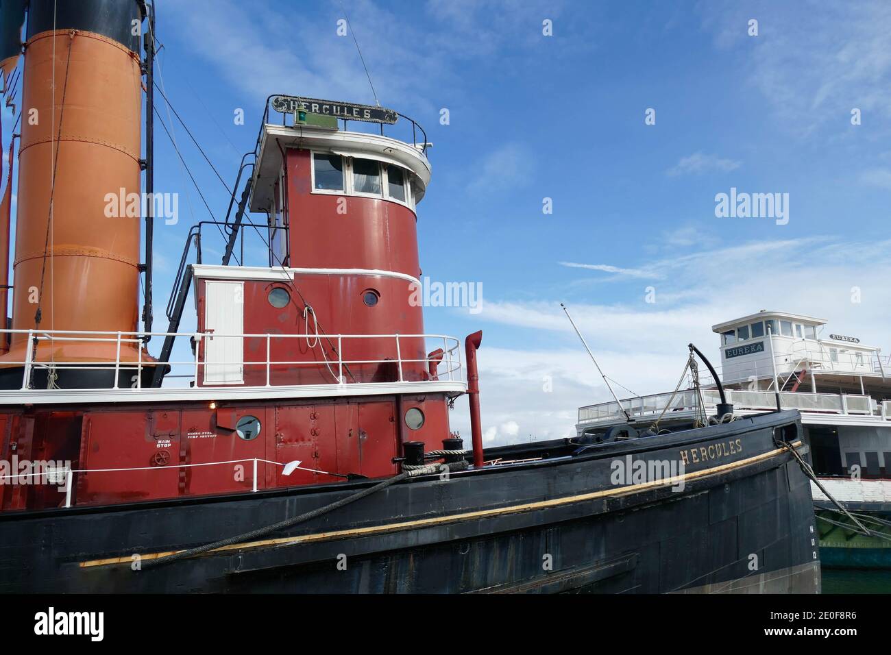 SAN FRANCISCO - NOV 27, 2019 - Hercules steam powered tugboat, at anchor, San Francisco Maritime National Historical Park,  California Stock Photo