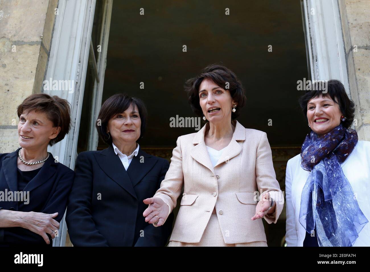 French newly appointed Social Affairs and Health Minister Marisol Touraine flanked Junior Minister for Disabled People Marie-Arlette Carlotti (L), newly appointed French Junior Minister for the Elderly and Disabled Michele Delaunay and French Junior Minister for Family Dominique Bertinotti (R), addresses journalists upon her arrival at the Health Ministry in Paris to attend the official handover ceremony with her predecessor Xavier Bertrand, in Paris, France on May 17, 2012. Photo by Stephane Lemouton/ABACAPRESS.COM. Stock Photo