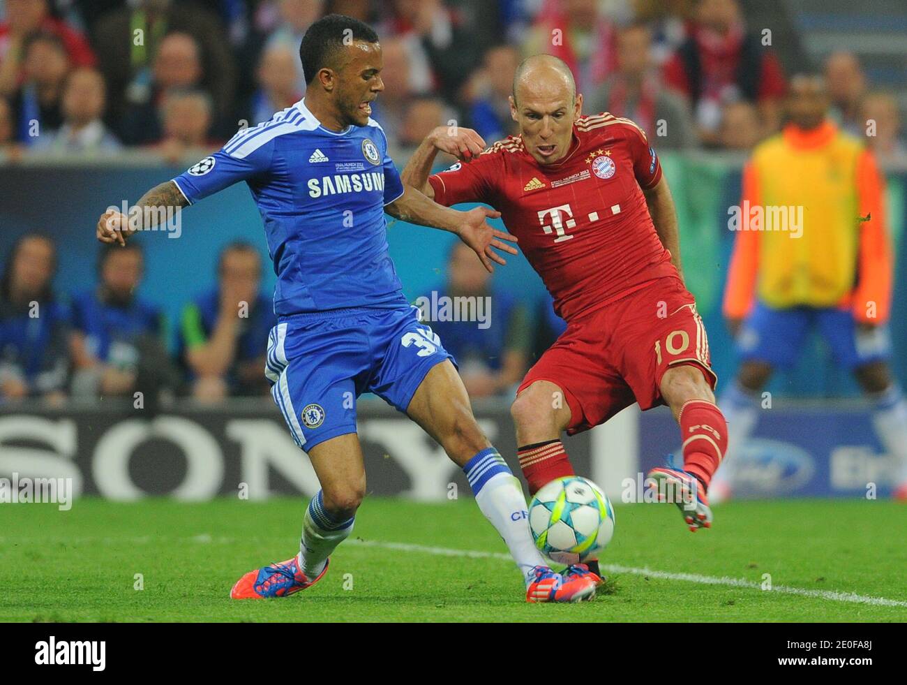 Chelsea's Ashley Cole and Bayern's Arjen Robben during the UEFA Champions  League Final soccer match, Bayern Vs Chelsea FC at Allianz Arena in Munich,  Germany on May 19, 2012. Chelsea won 1-1 (