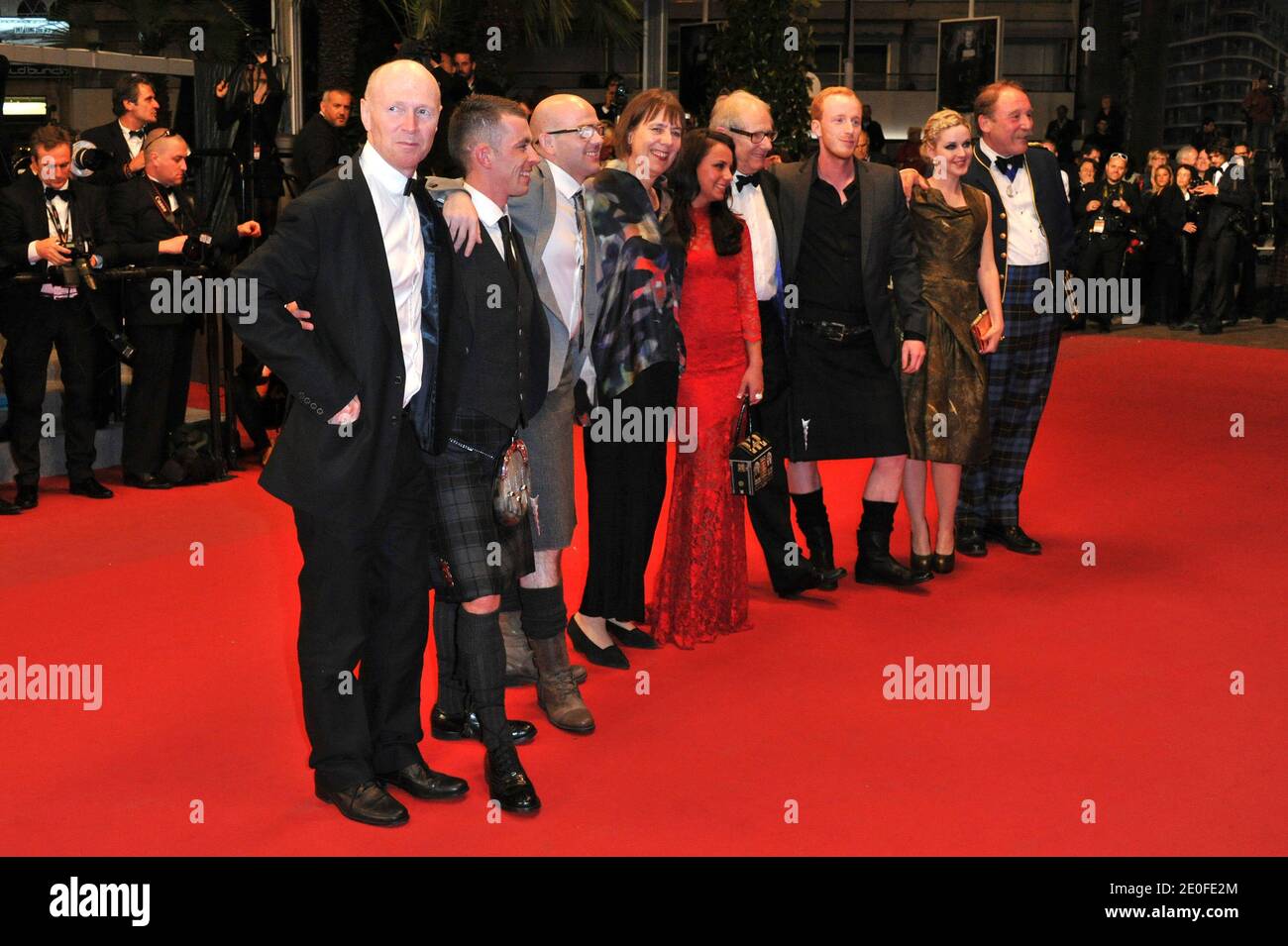 Charlie Maclean, Siobhan Reilly, William Ruane, Ken Loach, Jasmin Riggins, Gary Maitland and Paul Brannigan arriving at The Angels Share premiere at the 65th Cannes film festival, in Cannes, southern France, on May 22, 2012. Photo by Aurore Marechal/ABACAPRESS.COM Stock Photo