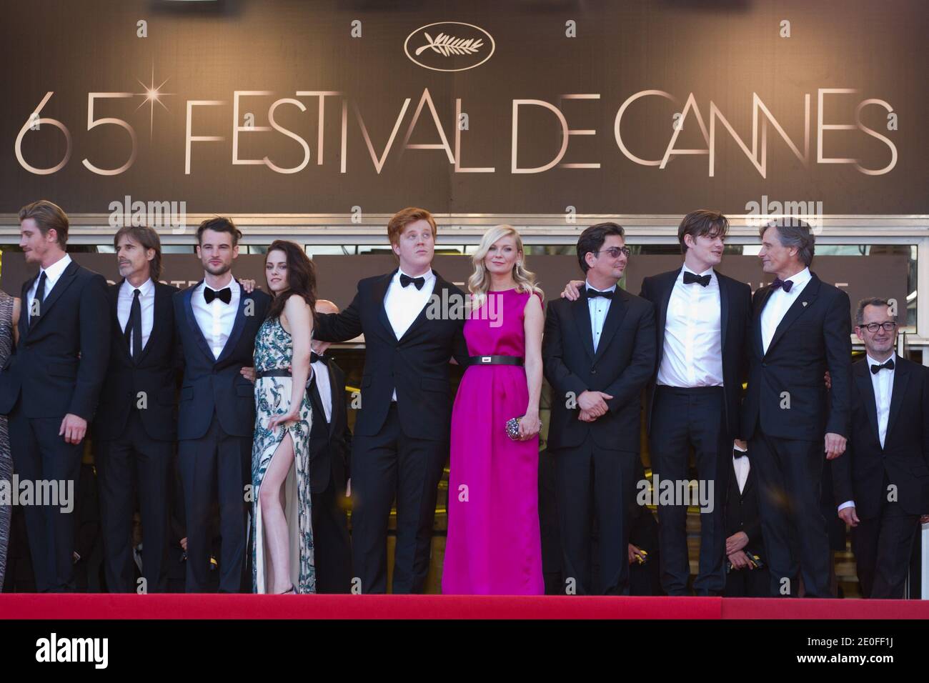 (L-R) Actors Tom Sturridge, Kristen Stewart, Danny Morgan, Kirsten Dunst, producer Roman Coppola, actor Sam Riley and actor Viggo Mortensen attending the 'On The Road' Premiere during the 65th Annual Cannes Film Festival at Palais des Festivals on May 23, 2012 in Cannes, France. Photo by Frederic Nebinger/ABACAPRESS.COM Stock Photo