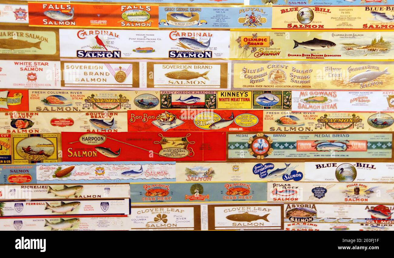ASTORIA, OREGON - OCT 1, 2015 - Vintage labels from Oregon salmon cannneries,  Columbia River Maritime Museum Stock Photo
