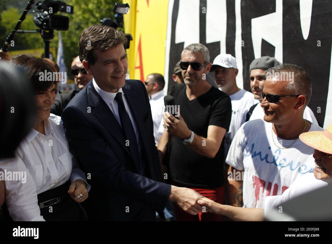 French Minister of Productive Recovery, Arnaud Montebourg alongside general councillor of Bouches-du-Rhone departement, Marie-Arlette Carlotti during his visit to Marseille, southern France on May 25, 2012. Photo by Sebastien Boue/ABACAPRESS.COM Stock Photo