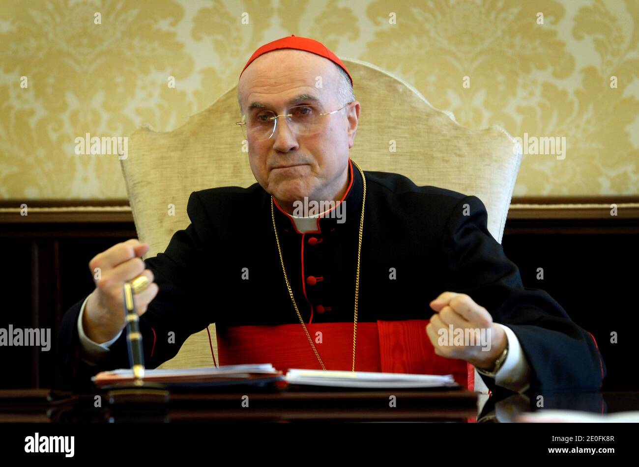 Cardinal Tarcisio Bertone , Vatican Secretary of State at the Vatican on March 17,2007. The Secretary of State is the 2nd-ranking official at the Vatican, with broad authority over the internal and external policies of the Holy See.An atmosphere of scandal shrouds the Apostolic Palace at the Vatican on May 2012. The pope's butler has been arrested in its embarrassing leaks scandal, adding a Hollywood twist to a sordid tale of power struggles, intrigue and corruption in the highest levels of Catholic Church governance. Vatican documents leaked to the press in recent months have undermined that Stock Photo