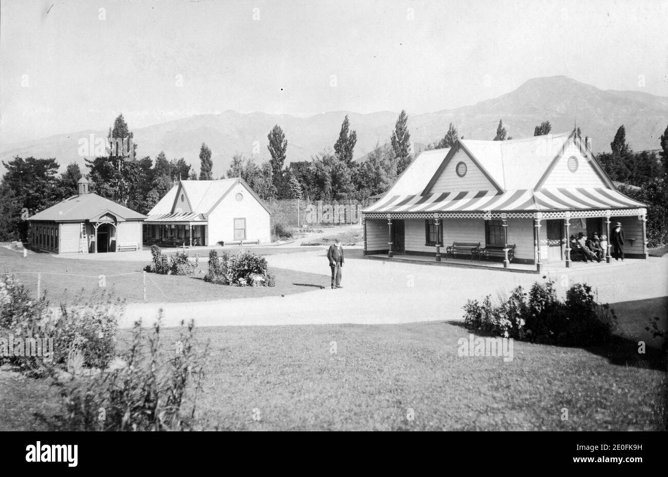 Bath houses at the Hanmer Springs health resort, Canterbury, New Zealand. Image circa 1916, from the Logie family collection. Stock Photo