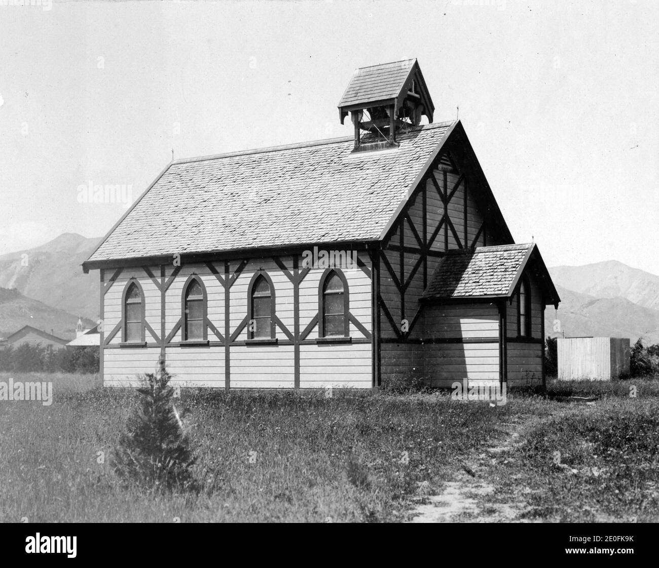 Presbyterian church at Hanmer Springs. Image circa 1916, from the Logie family collection. Stock Photo