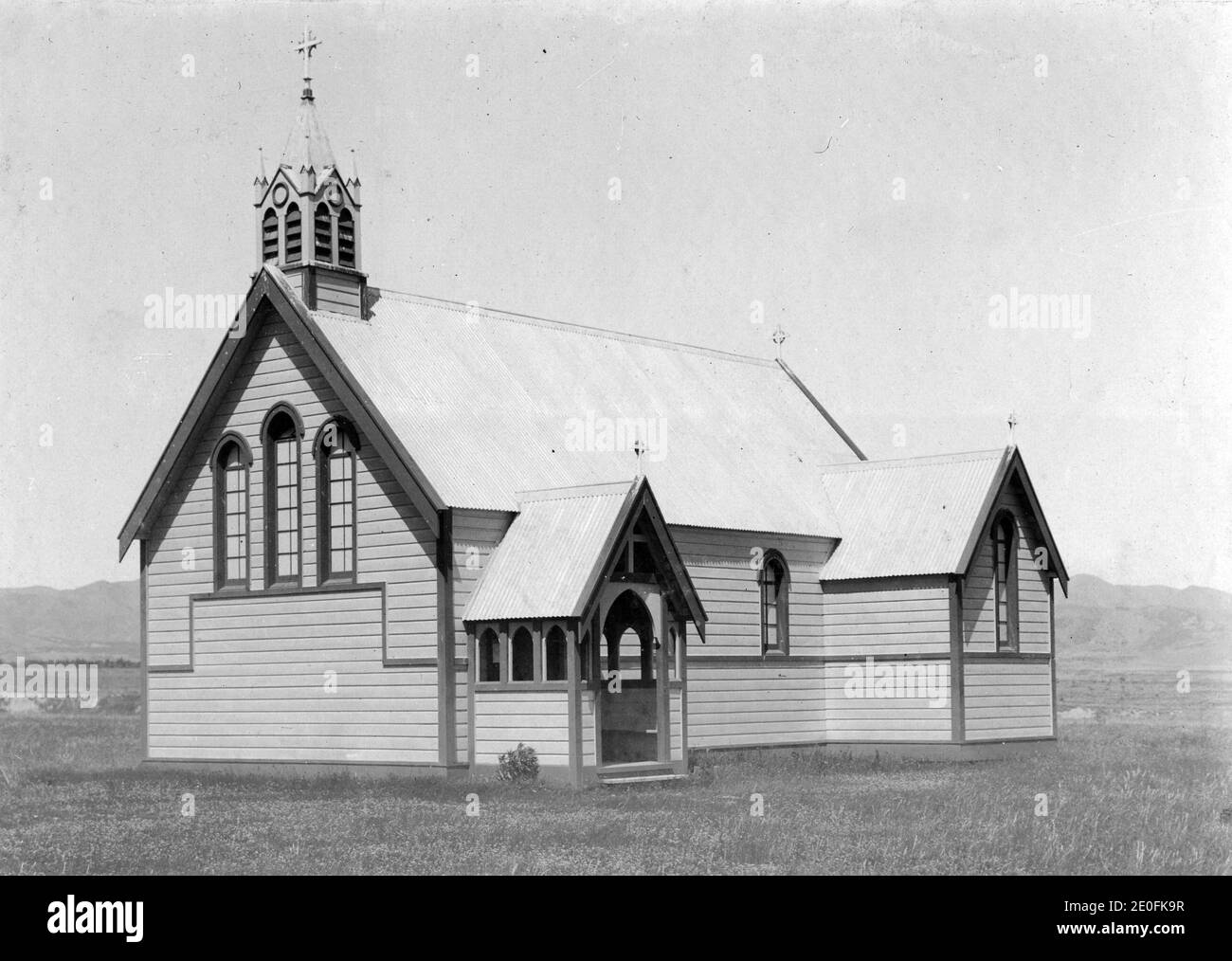 Episcopalian church at Hanmer Springs, Canterbury, New Zealand. Image circa 1916, from the Logie family collection. Stock Photo