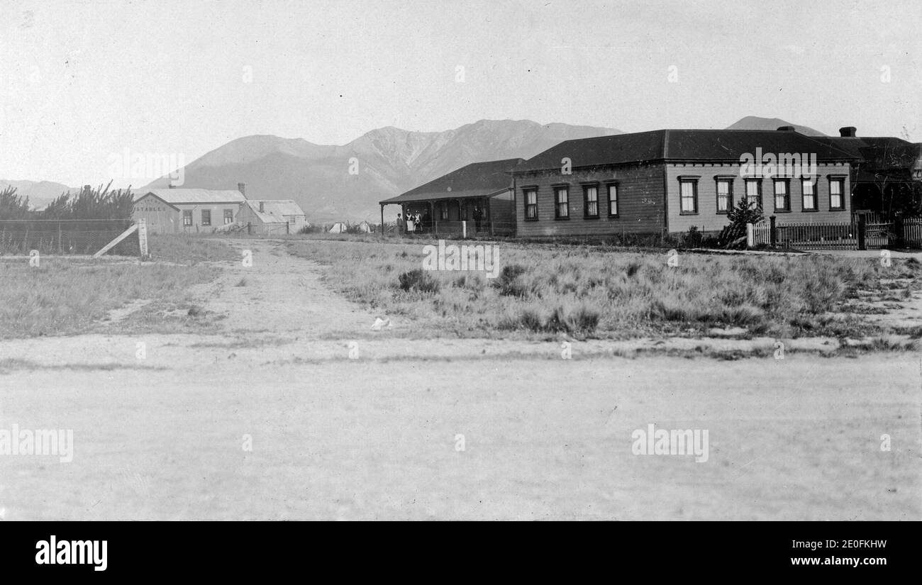 Residential section of the town at Hanmer Springs health resort, Canterbury, New Zealand. Image circa 1916, from the Logie family collection. Stock Photo