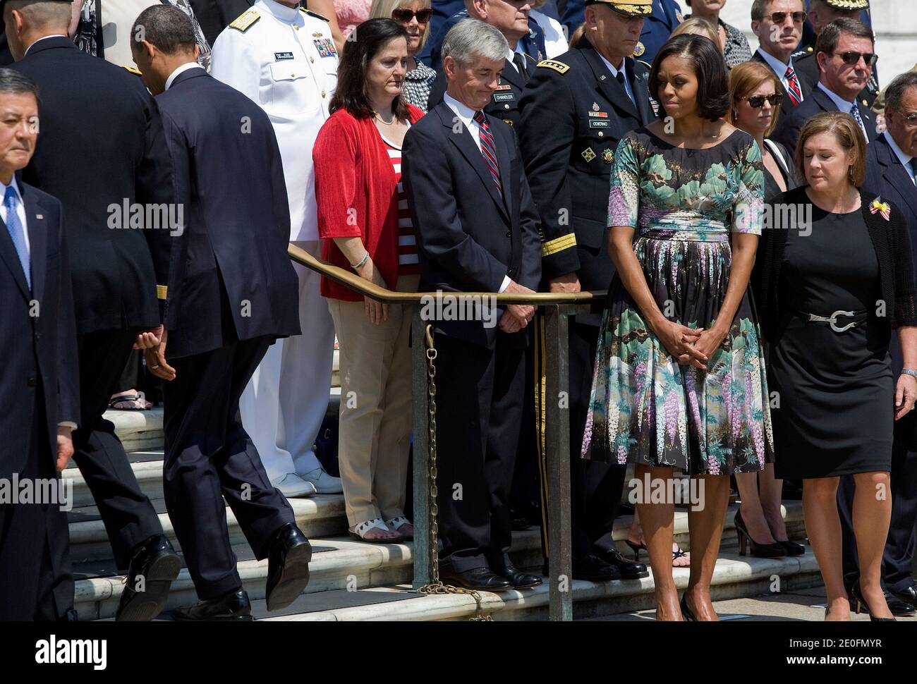 First Lady Michelle Obama attends a wreath laying ceremony at the Tomb of the Unknown Soldier in honor of Memorial Day at Arlington National Cemetery in Virginia, USA, on May 28, 2012. Photo by Kristoffer Tripplaar/Pool/ABACAPRESS.COM Stock Photo