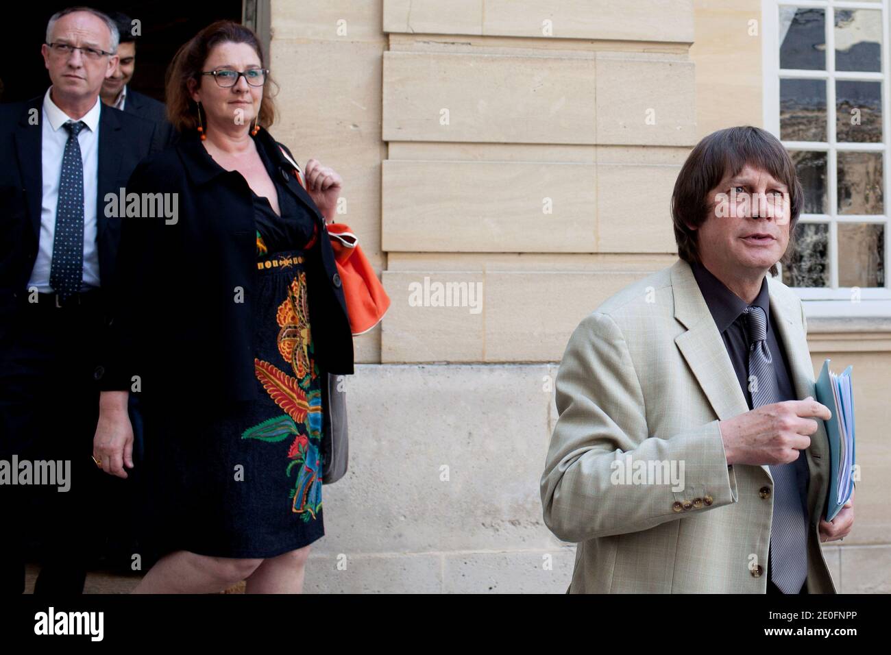 CGT labour union leader Bernard Thibault flanked by Eric Aubin leaves after a meeting with French Prime Minister, Jean-Marc Ayrault, at the Hotel Matignon, in Paris, France on May 29, 2012. Photo by Stephane Lemouton/ABACAPRESS.COM. Stock Photo
