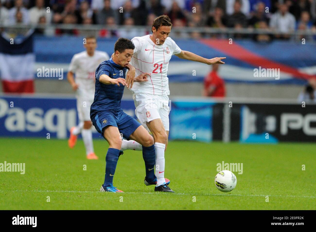 France's Samir Nasri battles for the ball with Serbia's Nemanja Matic during an International Friendly soccer match, France Vs Serbia at Auguste-Delaune stadium in Reims, France, on May 31, 2012. France won 2-0. Photo by Henri Szwarc/ABACAPRESS.COM Stock Photo