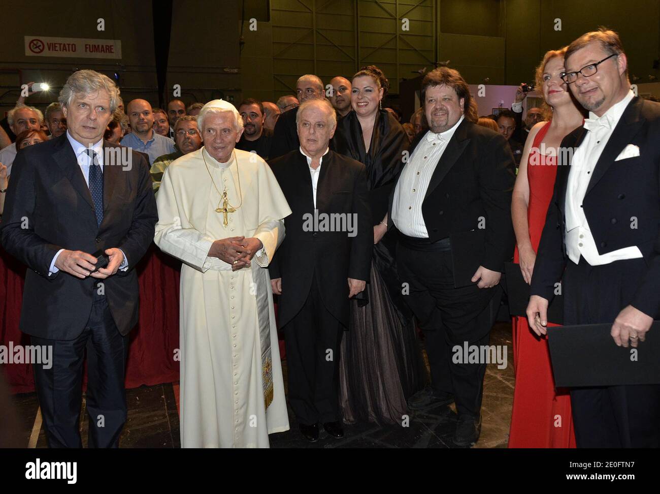 Pope Benedict XVI, Stephane Lissner (left) Scala's director and Daniel Barenboim pose at the Scala opera house before the concert of Beethoven's Ninth Symphony conducted by Daniel Barenboim in Milan, Italy on June 1, 2012.Pope Benedict XVI attends the 7th World Meeting of Families. During this three-day trip in Milan he praised the family as 'the principal heritage of humankind'. It is the first time in 28 years that a pope has been to Milan, Italy's economic capital and Europe's biggest diocese with five million inhabitants. Photo by ABACAPRESS.COM Stock Photo