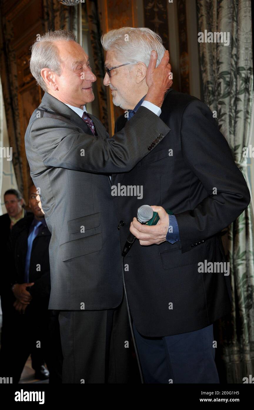 Ettore Scola received the medal of 'La Grande Medaille de Vermeil de La Ville de Paris' from Bertrand Delanoe during a press conference about 'Festival Paris Cinema 2012' held at the Hotel de Ville in Paris, France on June 7, 2012. Photo by Nicolas Briquet/ABACAPRESS.COM Stock Photo