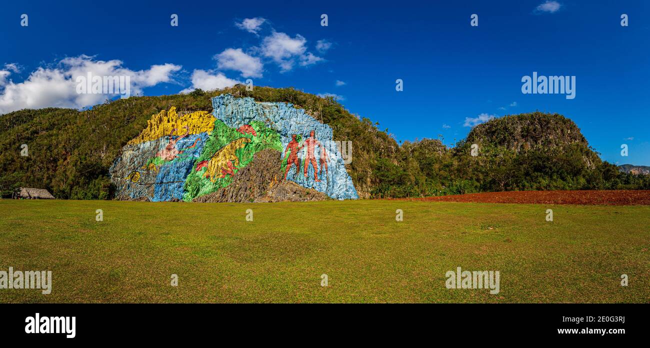 The Mural of Prehistory in the valley of Dos Hermanas, shows the evolution of life in a natural sense of Cuba. Stock Photo