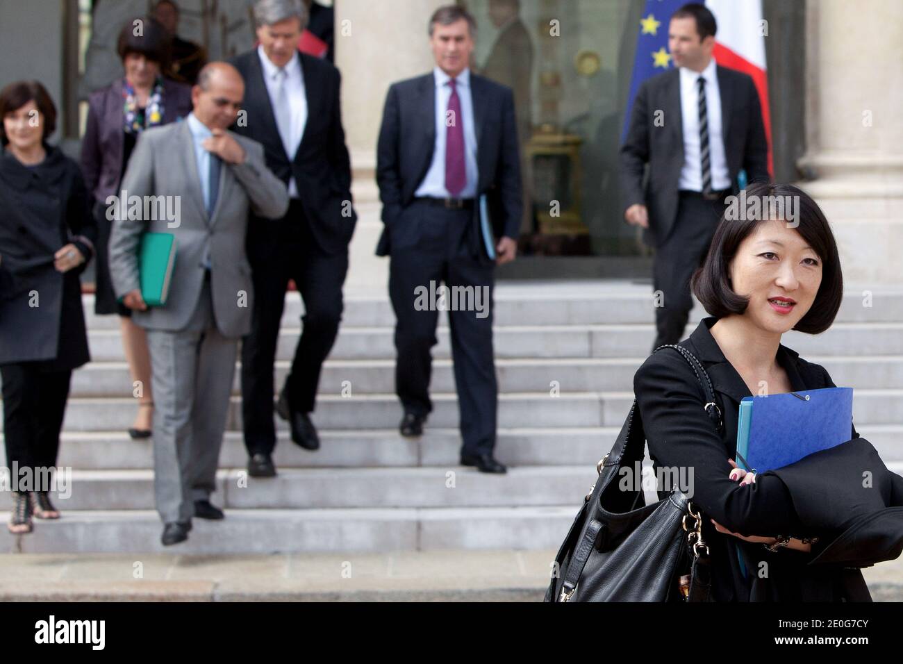 Junior Minister for Veterans Kader Arif, Junior Minister for Budget Jerome Cahuzac, Junior Minister for Disabled People Marie-Arlette Carlotti, Junior Minister for Social and Solidarity Economy Benoit Hamon, Agriculture Minister Stephane Le Foll and Junior Minister for SMEs, Innovations and Digital Economy Fleur Pellerin leave the presidential Elysee Palace after the weekly cabinet meeting in Paris, France on June 13, 2012. Photo by Stephane Lemouton/ABACAPRESS.COM. Stock Photo